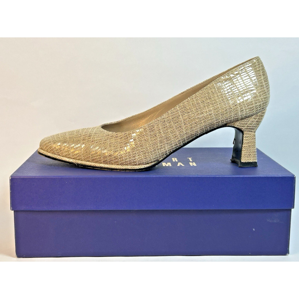Stuart Weitzman Cream Tan Shimmer Textured Square Toe Heels Womens Size 9B